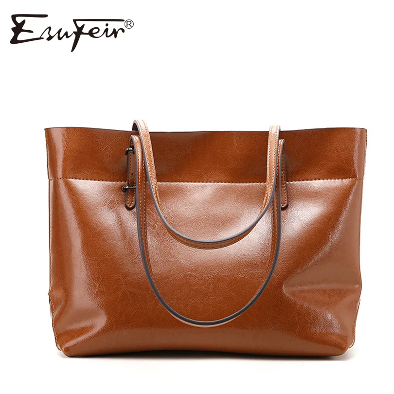 Goedkoop ESUFEIR Merk Echt Leer Vrouwen Handtas Olie Wax Lederen Vintage Casual Tote Grote Capaciteit Schoudertas Mode Vrouwen Tas