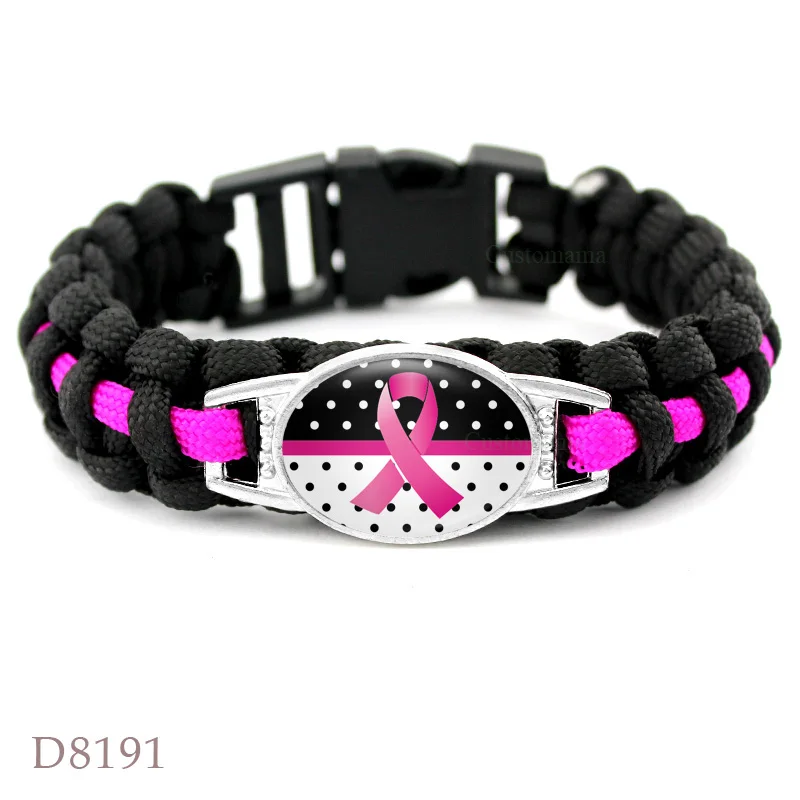 Розовая лента в поддержку проблемы рака браслеты раком груди понимание выживания Подвеска из Паракорда браслеты 18*25 мм стекло кабошон для мужчин и женщин ювелирные изделия - Окраска металла: D8191