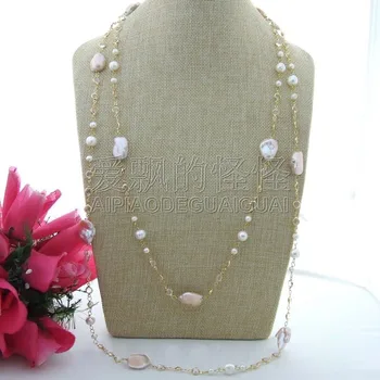 

N110202 69" Pink Keshi Pearl White Crystal Chain Necklace
