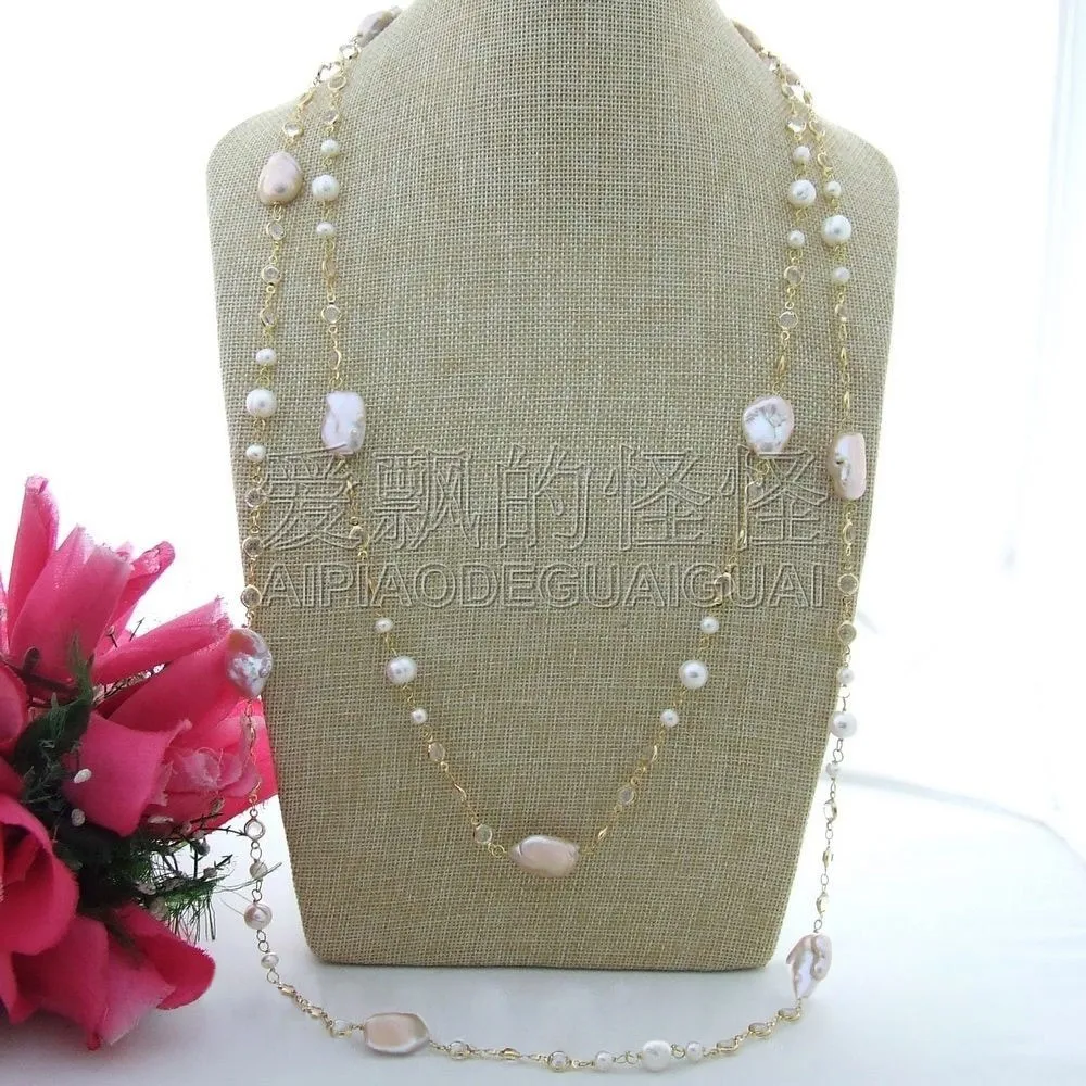N110202 69 &quotРозовая жемчужная белая кристальная цепочка Ожерелье|chain necklace|keshi