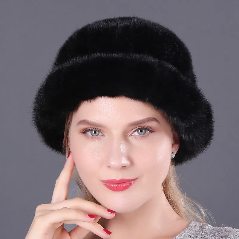 Mink Fur Bucket Hat Fashion Winter Solid Color Real Animals Fur Thicken Protective Headwear Female Natural Mink Fur Buckets Cap - Цвет: color9