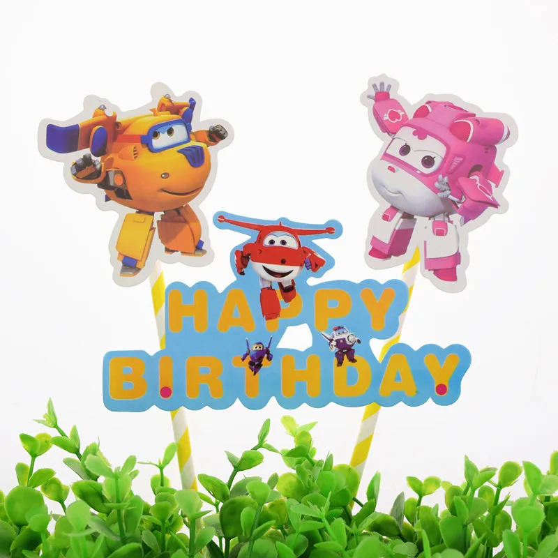 

20pc/lot Airplane Robot Birthday Cake Toppers Flags Kids Birthday Cupcake Topper Wedding Bride Baby Shower Party Baking DIY