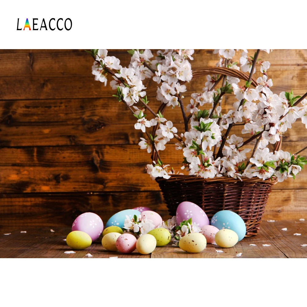

Laeacco Easter Eggs Flowers Planks Wooden Board Photography Backgrounds Customized Photographic Backdrops For Photo Studio
