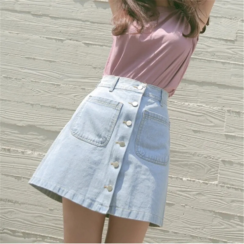 2016 Style Summer Denim Skirt Ladies Button Pockets Casual Light/Dark