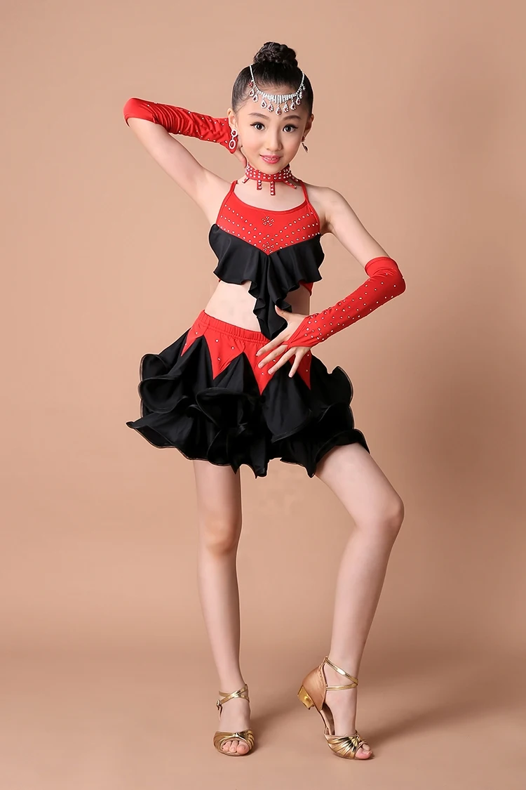 Girl latin dance dress girl  Girls Latin Vest+ Skirt Cake Skirt Suit Modern Dance Competition Performance Clothing Hot (27)