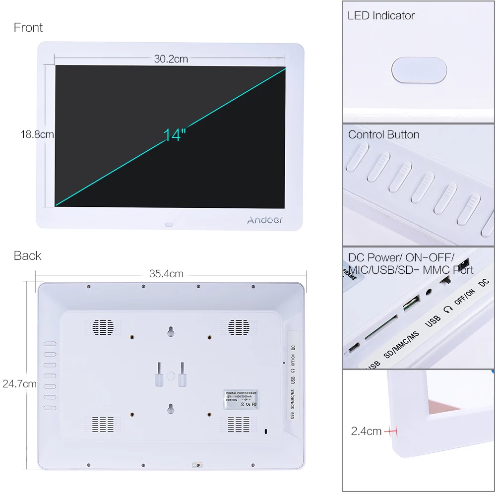 Andoer 1" HD электронная цифровая фоторамка 1280*800 фоторамка с пультом дистанционного управления, включая светодиодный Календарь часов MP3 MP4