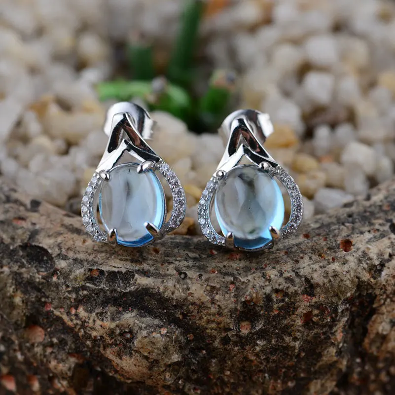 

FNJ 925 Silver Topaz Earrings for Women Jewelry Blue Stone 100% Original Pure S925 Sterling Silver Stud Earring