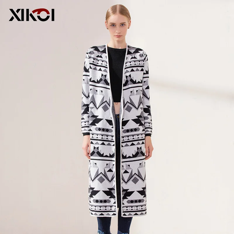 XIKOI женские длинные кардиганы с v-образным вырезом вязаный геометрический принт свитер одежда толстая Мода Повседневная Мягкая женская