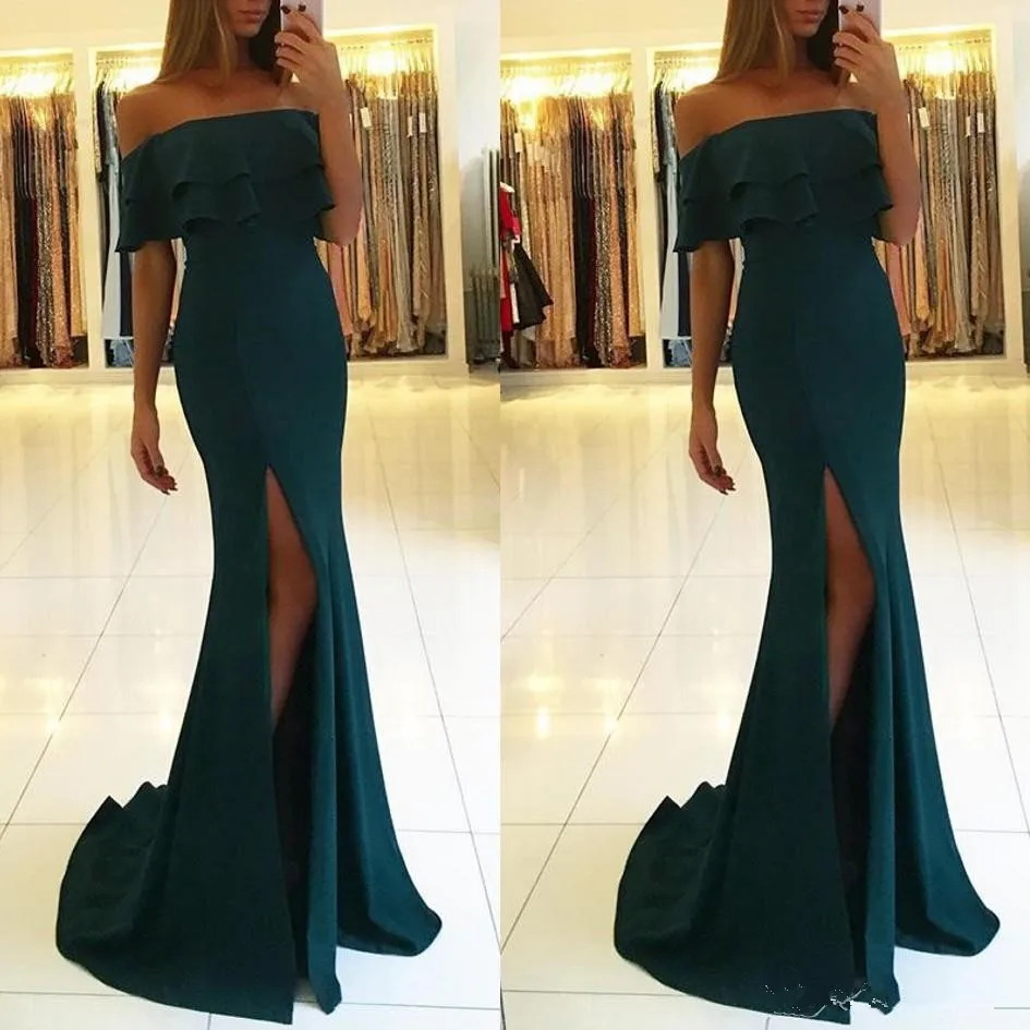 

robe de soiree 2019 abiye Elegant Split Evening Dress Off the Shoulder Mermaid Side Slit Evening Prom gown formal dresses Cheap