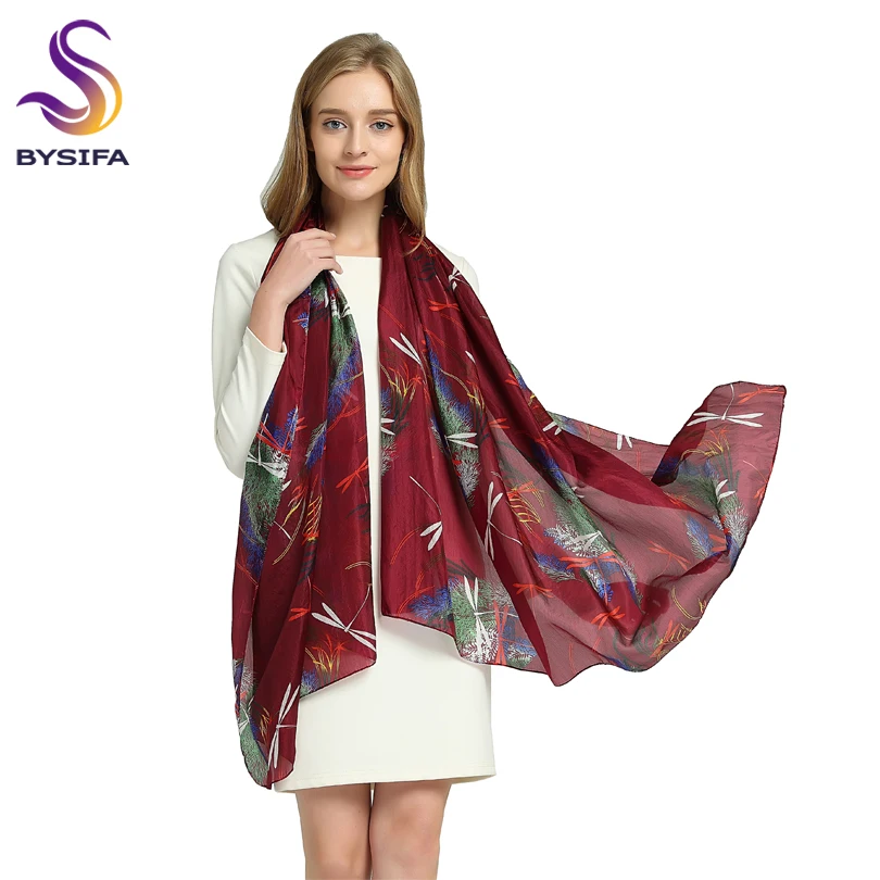 

[BYSIFA] Spring Autumn Wine Red Pure Silk Scarf Shawl Women Fashion Brand Long Scarves Wraps Summer 100% Silk Beach Shawl Cape