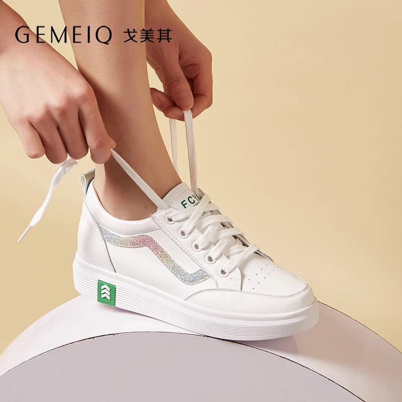 

GEMEIQ 2019 Spring New Korean Version easy matching mixed color lace-up shoes white shoes inside increased casual women's shoes