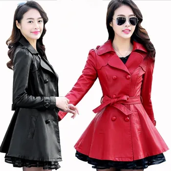 

LeatherJacket Women Plus Size 5xl Slim women lace bow Long pu Leather Trench Coat Female