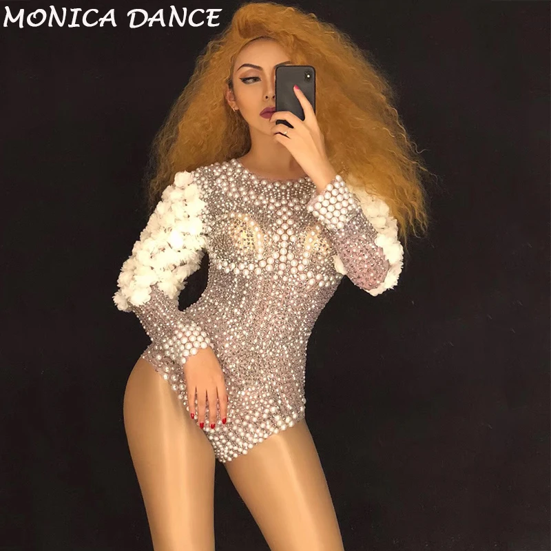

Stage Sparkly Rhinestones Pearls Bodysuit White Flowers Women's Birthday Celebrate Stage Singer Dance DS Show Nightclub Leotard