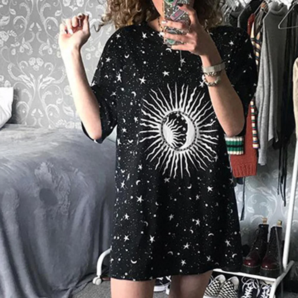 Летняя футболка Harajuku Свободные Длинные женские Moon звезда печатных Повседневное