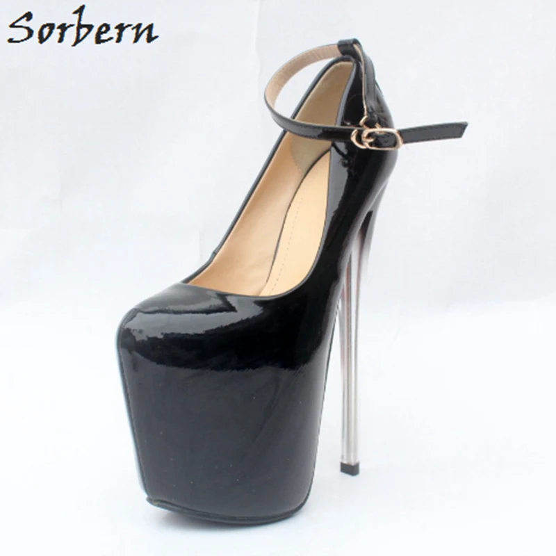 

Sorbern 19Cm Ultra High Heel Party Shoes Pumps Night Club Footwear Black Shiny Women Pumps Ankle Strap Pseudo-Male Shoes