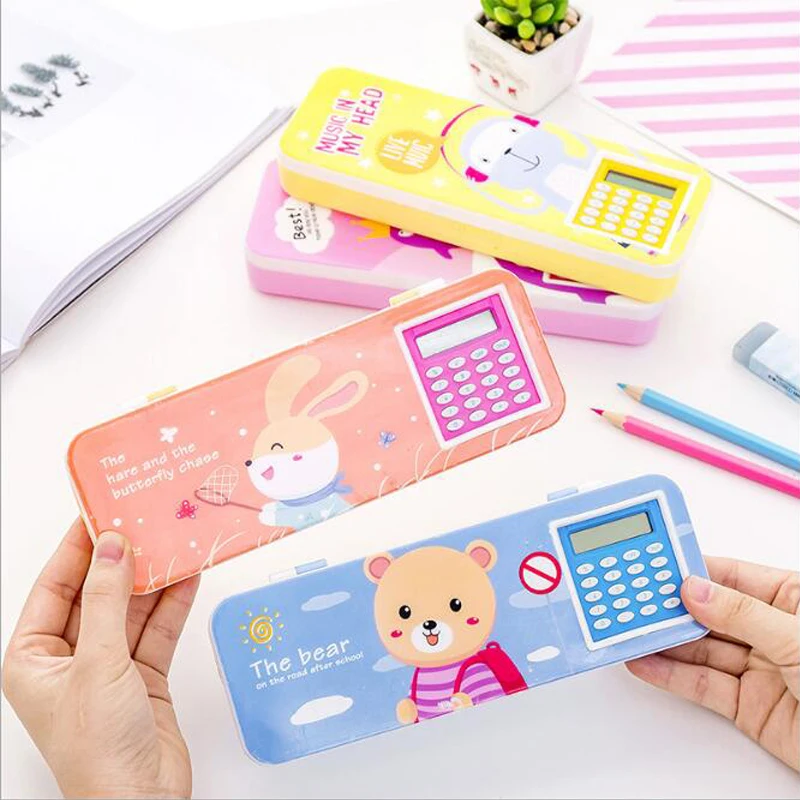 

1PCS Calculator Double Layer Pencil Case Creative Multifunctional 2 Layer Cute Animals Children's Learning Gift School Prize