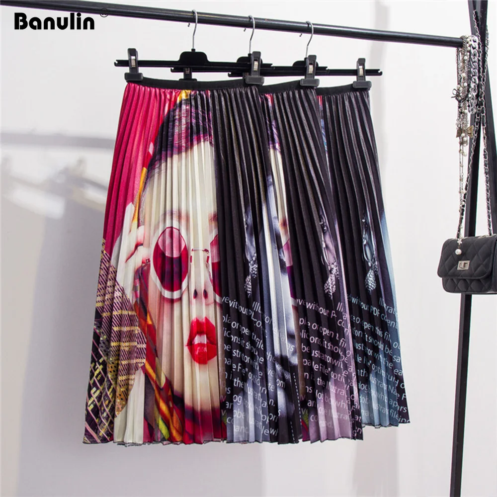 Banulin Весна Лето Новое поступление европен с надписью Печать Высокая эластичность плиссированные высокие уличные стиль женские юбки