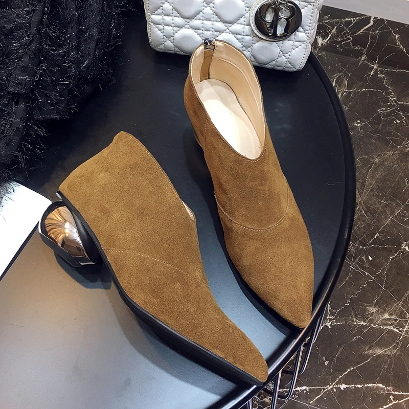 

Women's genuine suede leather med heel ankle boots ball heel comfortable short booties side zip fashion ladies autumn shoes sale
