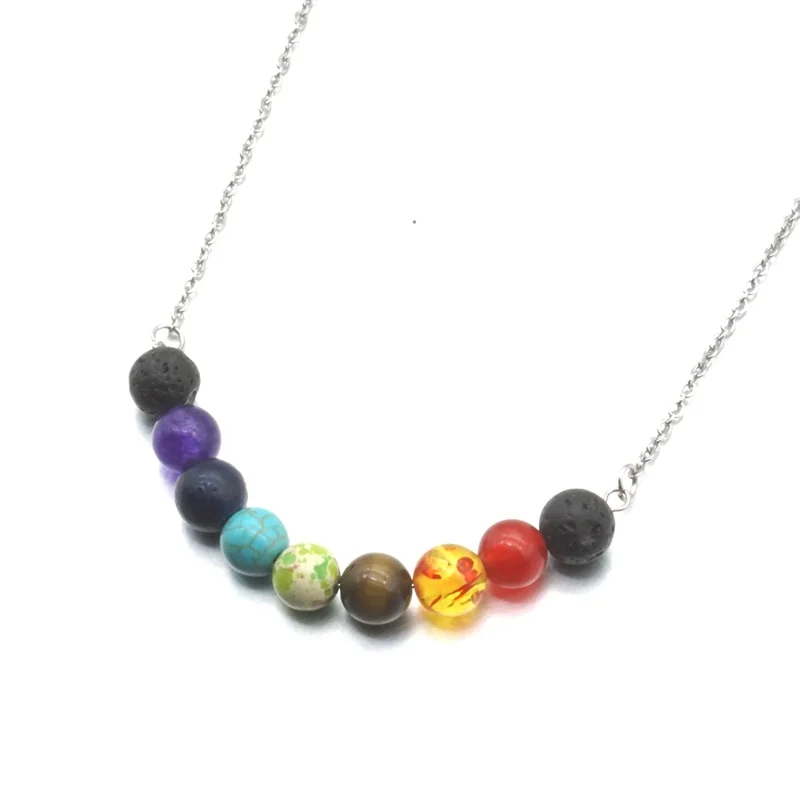 

8MM Seven Chakra Beads Black Lava Stone Aroma Essential Oil Diffuser Necklace Aromatherapy Lava Steel Chain Collar Jewelry