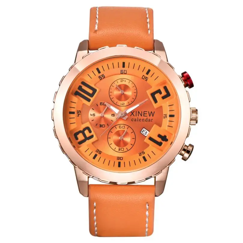 Мужские кварцевые наручные часы Аналоговые Дата День армейские спортивные черные кожаные роскошные 80619 - Цвет: Orange