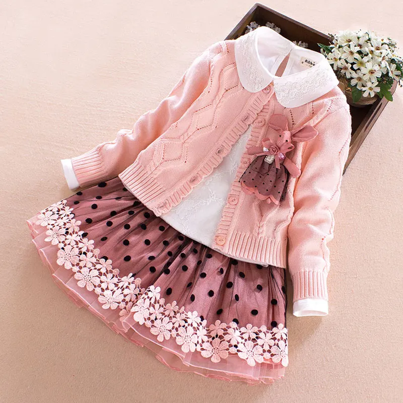 

Children's Sweater Winter Clothes Set Girls Sweater Coat+cotton Blouses+lace Skirt 3pcs Suit Girls Princess Clothing