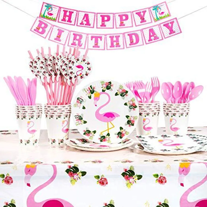 

Flamingo Theme Birthday Party Disposable Tableware Set Party Paper Plate Cup Napkin Summer Hawaii Flamingo Event Party Supplies