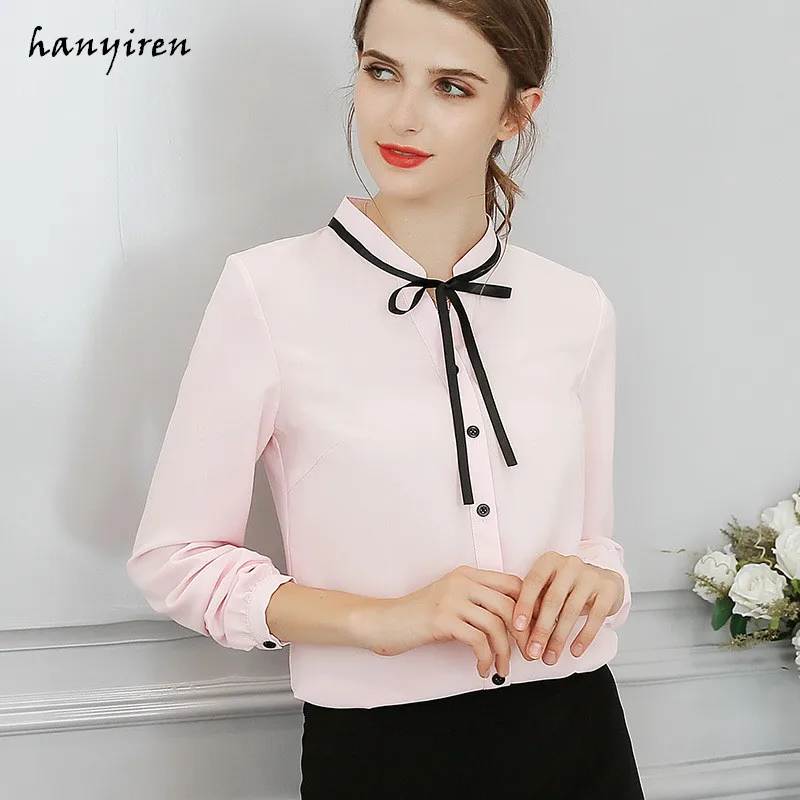 

Hanyiren Elegant Long Sleeve Bow Tie Chiffon Blouse Pink And White 2019 Work Wear Office Blouse Women OL Casual Shirt Plus Size