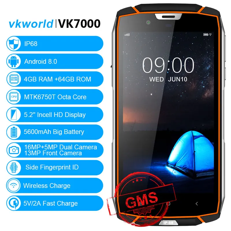 Vkworld VK7000 Face ID IP68 воды Анти ударный смартфон 5 2 ƊGB Оперативная память + 64 Гб