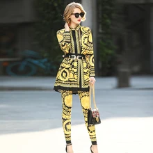

High Quality vintage runway fashion designers 2018 women 3 piece set shirt top and pants and gold floral print skirt