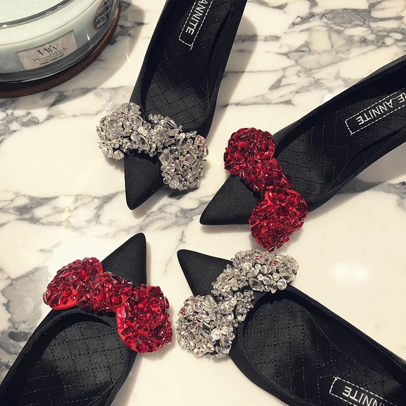 

2019 spring and autumn new hand-sewn shoes rhinestones bow pointed shoes stiletto sexy high heel women's shoes.