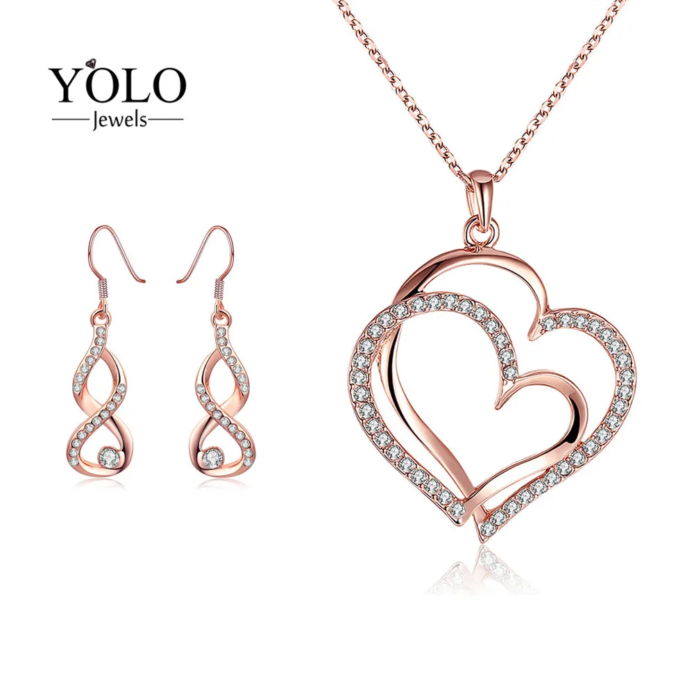 

Rose Gold Color AAA Cubic Zirconia Jewelry Set for Women LOVE Heart Shape Necklace 8 Shape Shiny Zirconia Fashion Stud Earrings