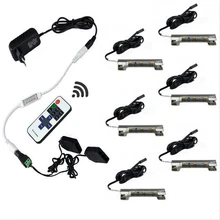 Под светодиодные лампы для шкафа для стеклянной полки края задняя сторона зажим полосы освещения 6 ламп комплект с RF пульт дистанционного управления и адаптер