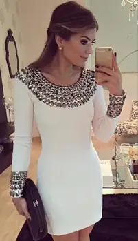 

Halinfer 2018 Autumn Sexy women dress O-Neck Beading Mini Rayon Bandage Elegant Homecoming Evening party dress