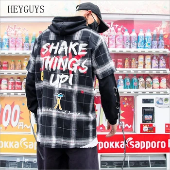 

2020 spring Korean version of the tide brand hip hop chic retro black and white plaid shirt hooded men's graffiti long sleeve