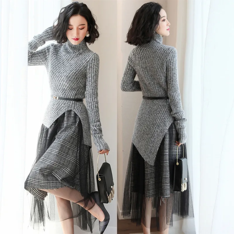 

2019 Winter Dress Stand Collar Long Sleeve Sweater Dress 2 Pieces Set Plaid Mesh Slim Elegant Midi Dress Vestidos De Fiesta
