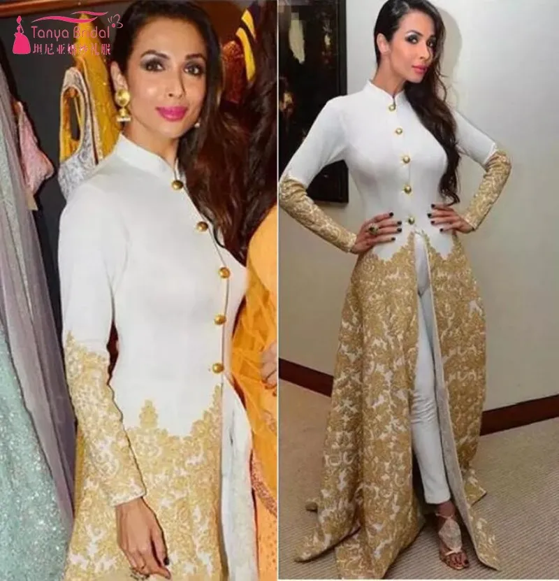 

Gold Lace Applique Saudi Evening Dresses with Buttons High Collar Long Sleeves Formal Party Gowns with Pants Prom Dress DQG931