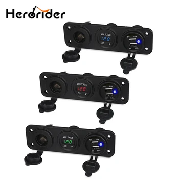 

12V Dual 2 Port Car Chager 3 Hole Panel Cigarette Lighter Socket USB Adapter + Digital Voltmeter Auto Charger