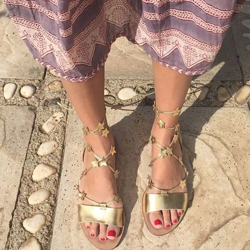 

Fashion Flat Sandal Stars Embellished Lace Up Gladiator Strappy Sandals Wedding Party Dress Shoes Women Wholesale Drop Shipping