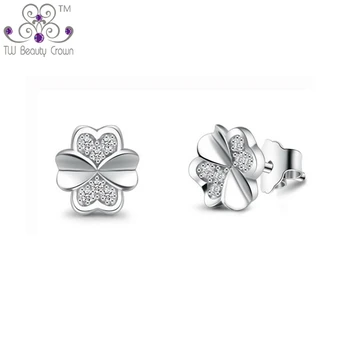 

Real 925 Silver Small Fashion Stud Earrings Women Accessories 4 Leaf Clovers White Cubic Zirconia Stud Earrings For Young Lady