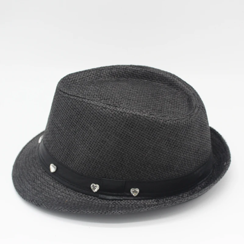 Men Women Children Summer Paper Straw Hat with 7 Heart-Shaped Diamond Trilby Gangster Cap Beach Sun Hats