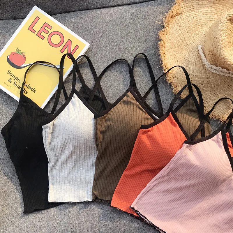 Girls Crossed Straps Short Camis Tops With Seperated Bra Women Padding Tanks Crop Tops For Female