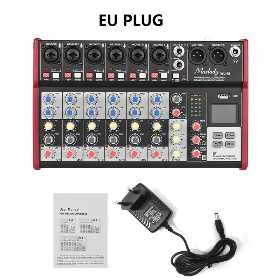 Muslady SL-8 8-канальный смешивания консольный микшер 2-полосным эквалайзером встроенный 48V Phantom Мощность поддерживает подключения BT USB MP3 плеер для ди-джей - Цвет: EU PLUG