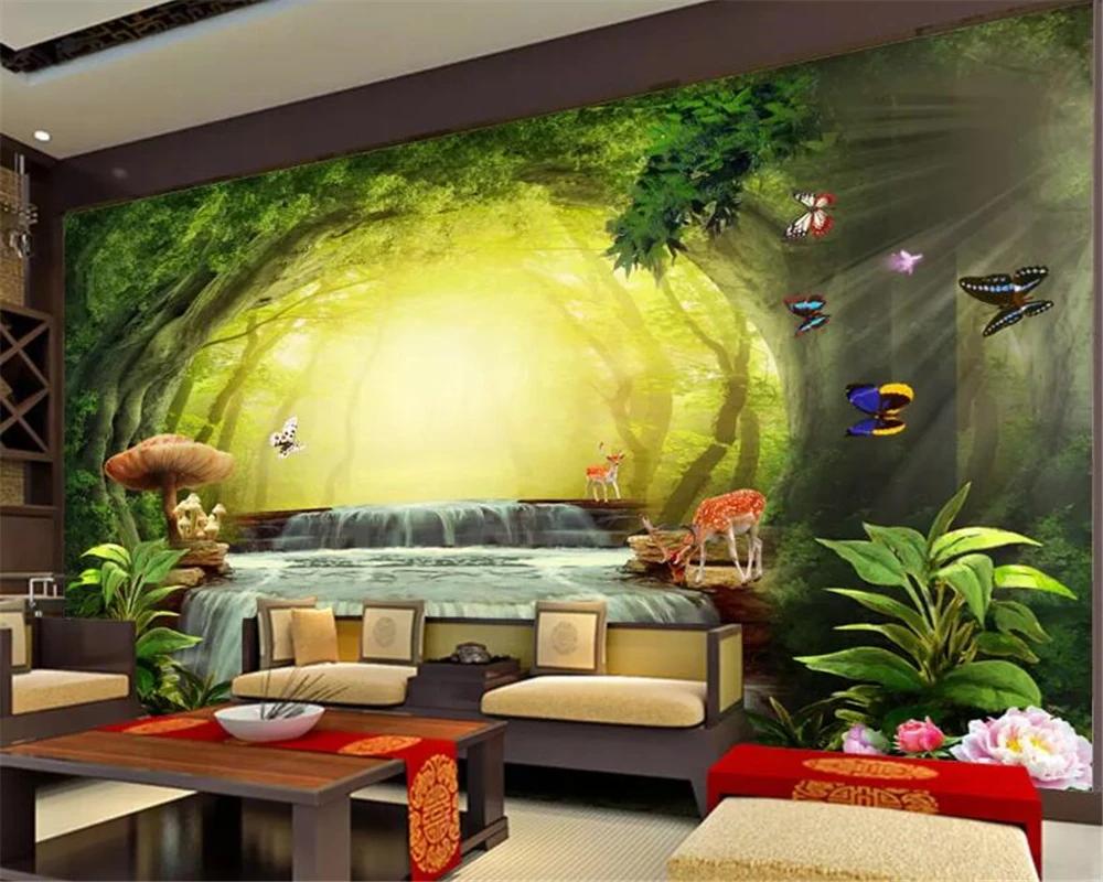 

beibehang Custom wallpaper fantasy forest big tree mushroom deer butterfly waterfall children room background wall 3d wallpaper