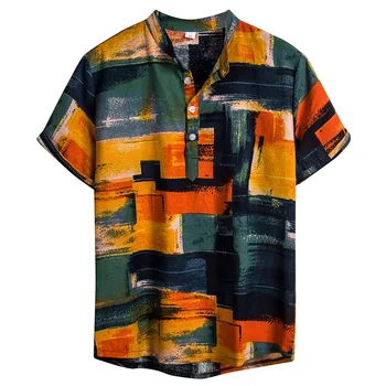 

Summer Plus Size Men Ethnic Short Sleeve Casual Cotton Linen Printing Hawaiian Shirt Blouse M-XXXL camisa masculina streetwear