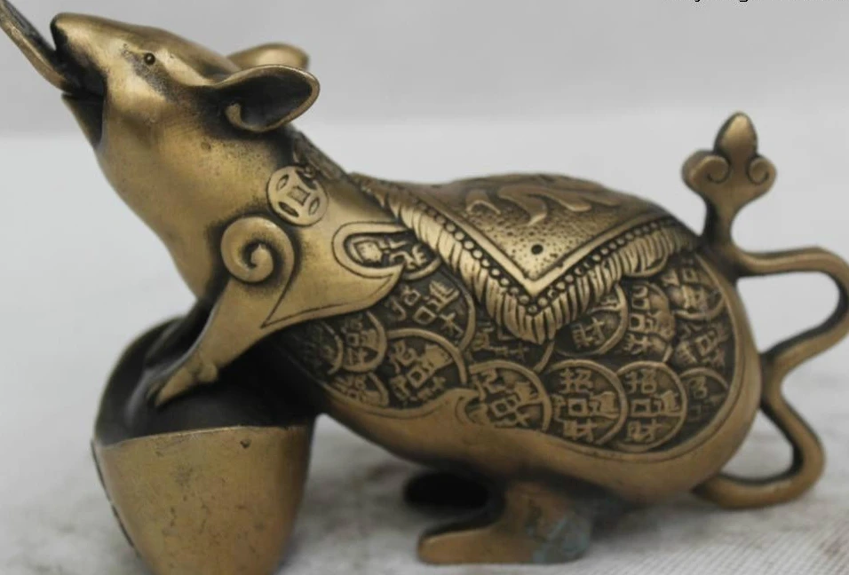 

5"China Chinese Folk Bronze Lucky Lifelike Money drawing Yuan Bao mouse Statue