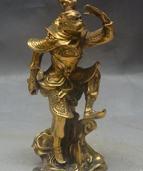 

9" Folk China FengShui Palace Brass Armor Warrior Monkey King Sun Wukong Statue