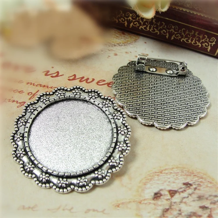 

round flower shape 25mm Inner Blank Cameo breastpin Base Cabochon Setting brooch antique silver jewelry diy fingding 15pcs 0014A