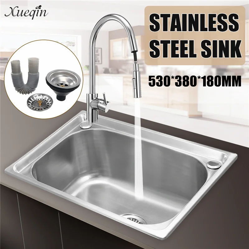 

Xueqin Wiredrawing 304 Stainless Steel Kitchen Sink Undermount Basin Single Bowl Sink With Drainer Dishes Washing 530x380x180mm