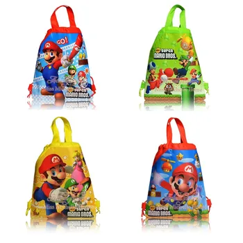 

12pcs small super mario bros theme birthday party gifts non-woven drawstring goodie bags kids favor swimming school backpacks