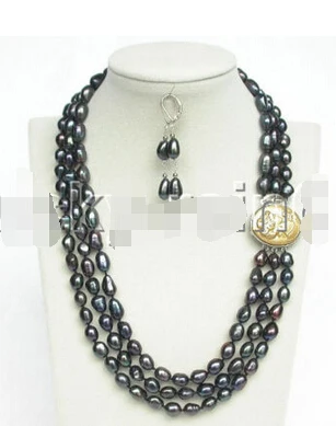 

Free shipping@@@@@ Genuine 3row 12mm baroque black pearls necklace dangle Earring e1539